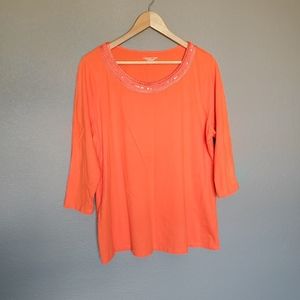 Coldwater Creek Cotton Orange Sequin 3/4 sleeve Top Plus Size 1X